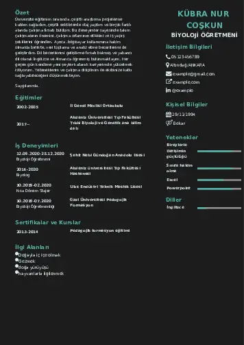 Biyoloji Öğretmeni CV Örnekleri cv indir